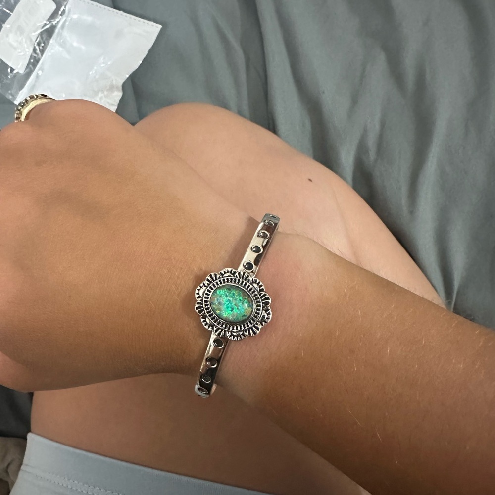 Stamped Silver Bracelet with confetti fire opal stone
